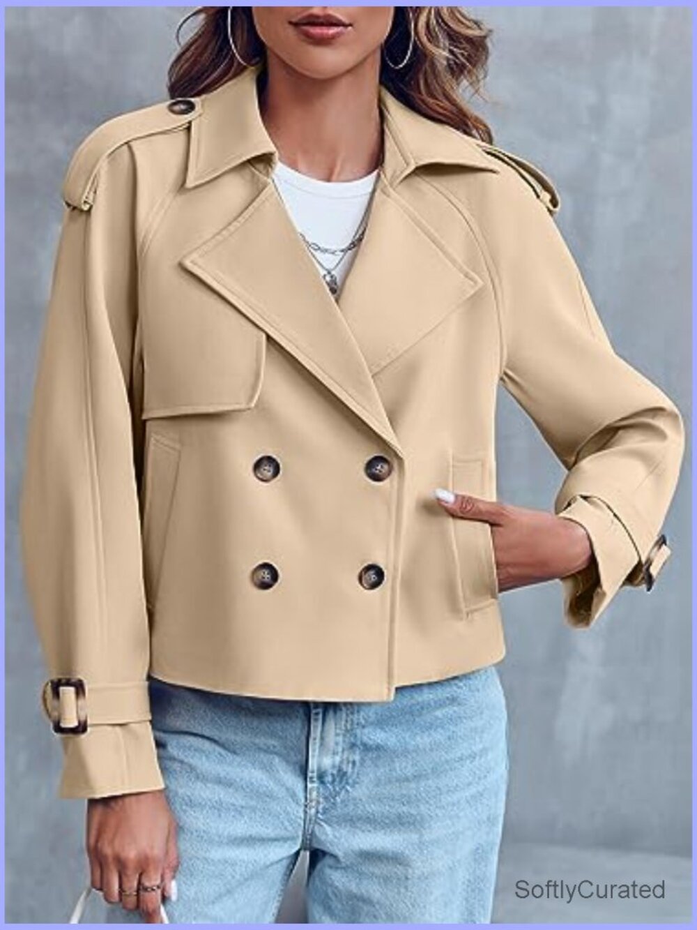 Crop Double Breasted Trench Coat Raglan Sleeve Work Office Cropped Jacket - Picture 3 of 7